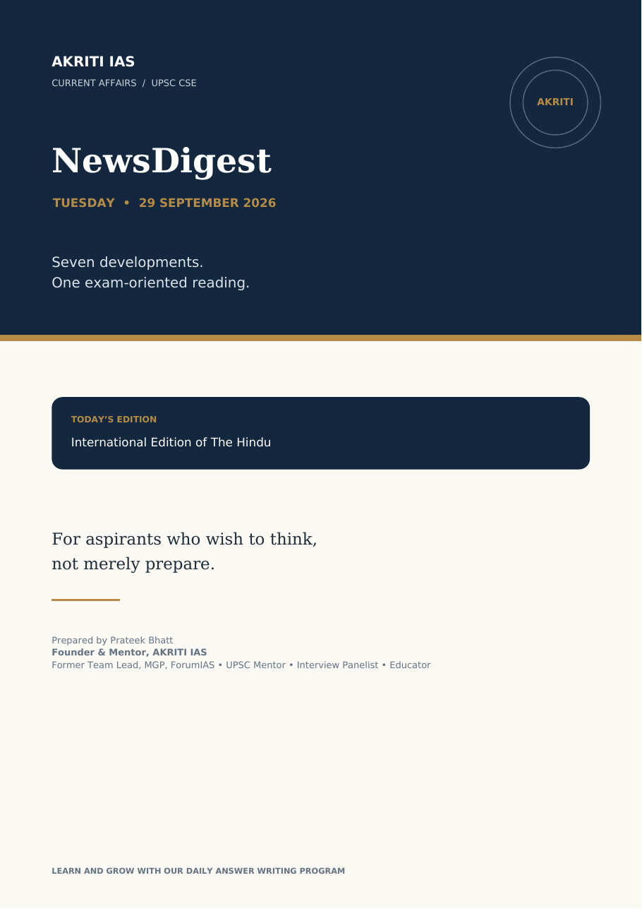 Cover of AKriti IAS NewsDigest for Tuesday, 29 September 2026: seven developments and one exam-oriented reading.