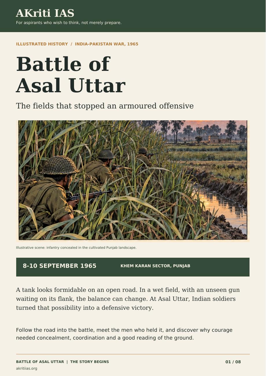 Cover of the AKriti IAS illustrated history of the Battle of Asal Uttar, showing an illustrative scene of Indian infantry concealed in Punjab sugarcane fields.