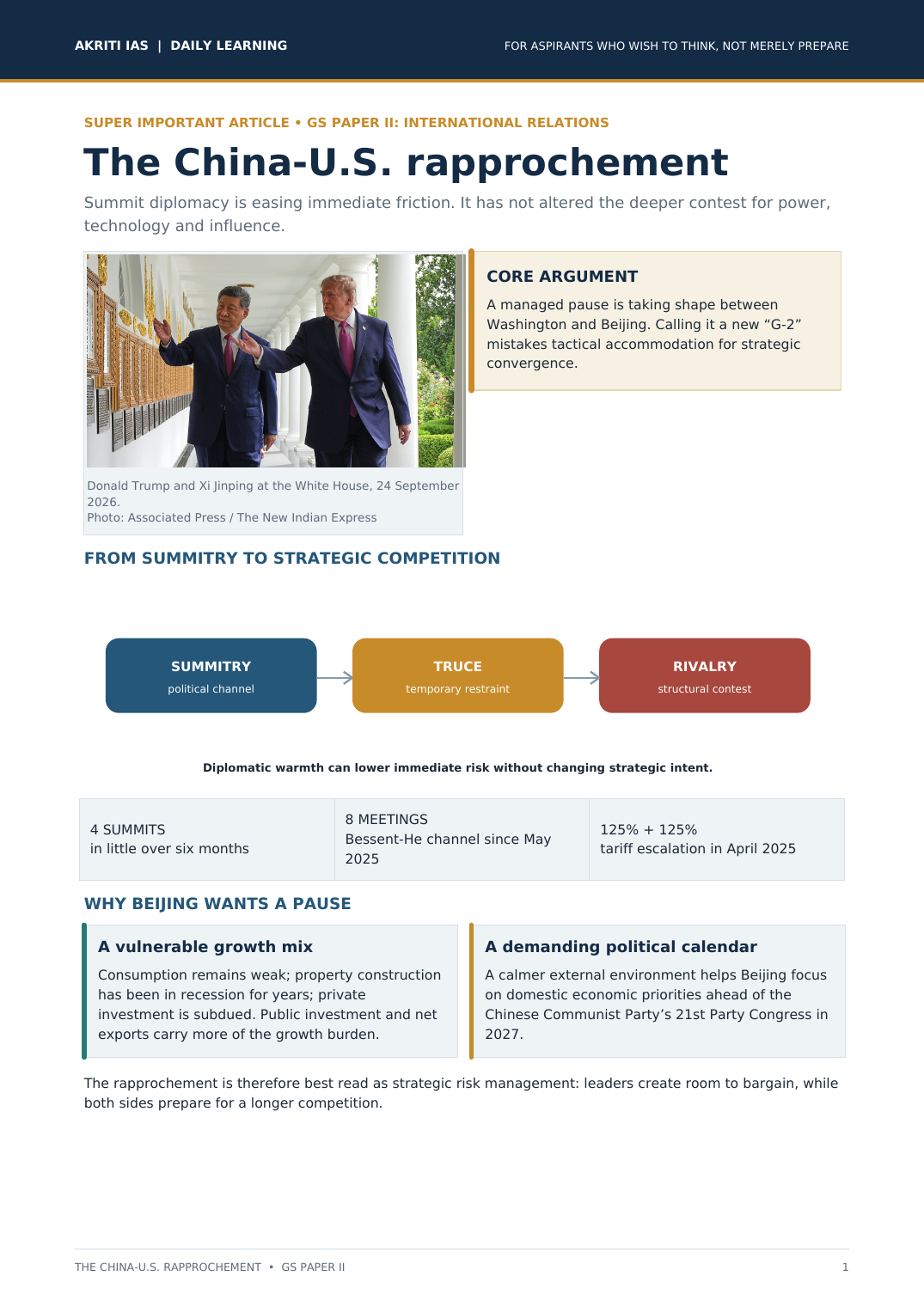 First-page preview of the AKRITI IAS information sheet, featuring Donald Trump and Xi Jinping and analysing the U.S.-China strategic pause.