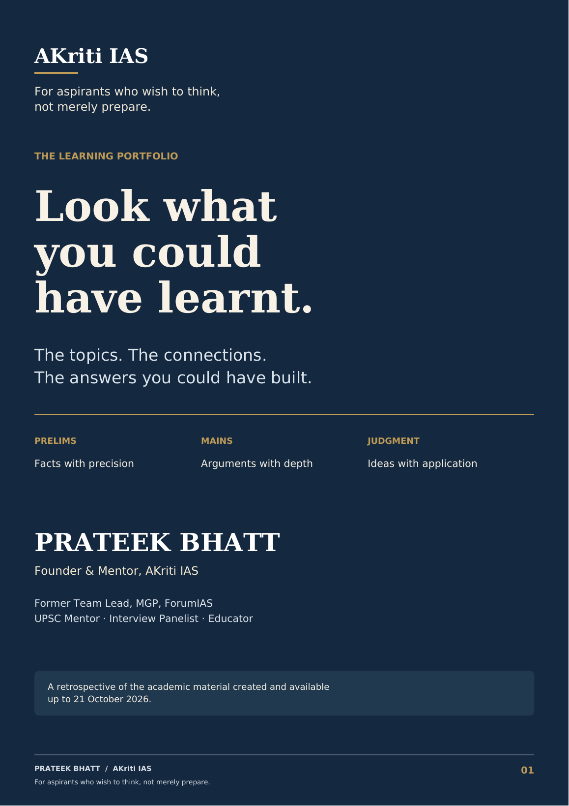 Cover of the AKriti IAS Learning Portfolio titled Look what you could have learnt